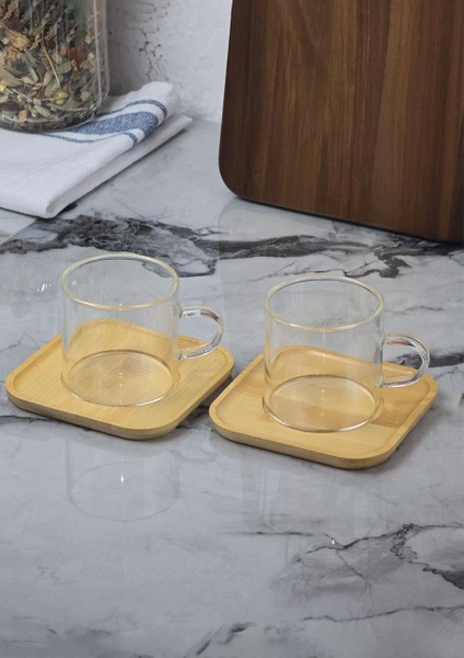 2li Kahve Fincan Takımı - Bambu Tabaklı Kahve Fincan Seti - 4 Parça - 100 ml