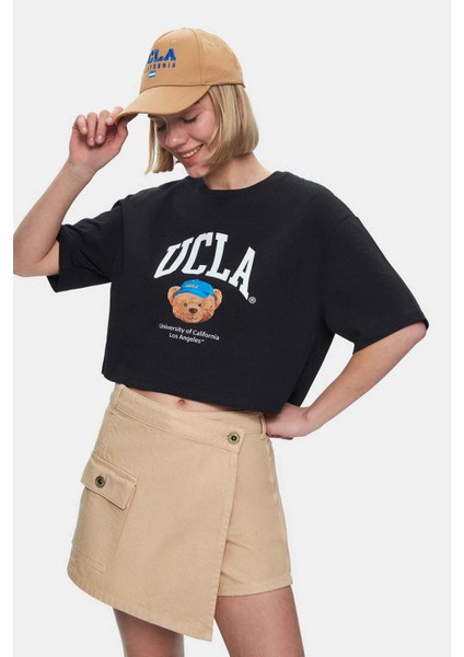 Carly Siyah Bisiklet Yaka Crop Baskılı Loose Fit Kadın Tshirt