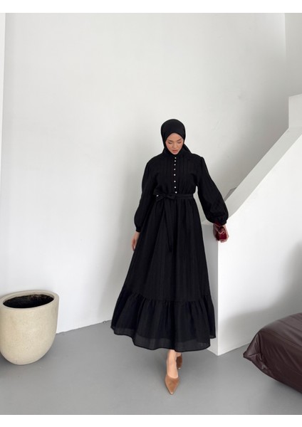Taş Düğme Detaylı Tam Boy Astarlı Maria Tasarım Tesettür Elbise