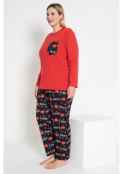 Kadın Kırmızı Renkli Love ve Kalp Baskılı Uzun Kollu Pijama Takımı B-43