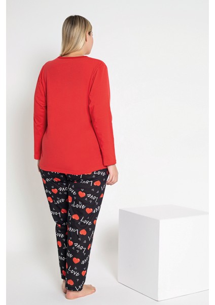 Kadın Kırmızı Renkli Love ve Kalp Baskılı Uzun Kollu Pijama Takımı B-43 fiyatları