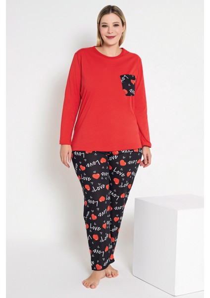 Kadın Kırmızı Renkli Love ve Kalp Baskılı Uzun Kollu Pijama Takımı B-43 modelleri