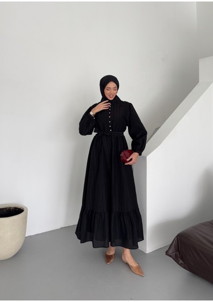 Taş Düğme Detaylı Tam Boy Astarlı Maria Tasarım Tesettür Elbise