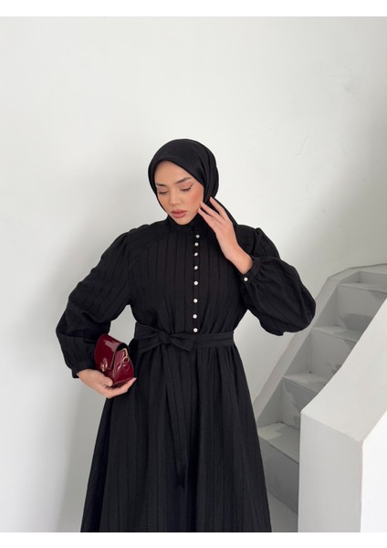 Taş Düğme Detaylı Tam Boy Astarlı Maria Tasarım Tesettür Elbise modelleri