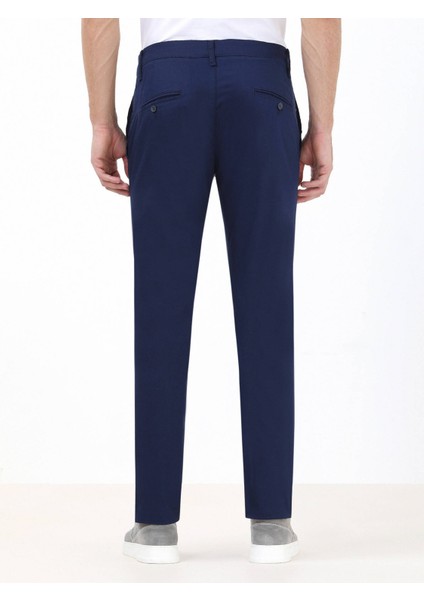 Gece Mavisi Düz Dokuma Slim Fit Casual Pamuk Karışımlı Pantolon