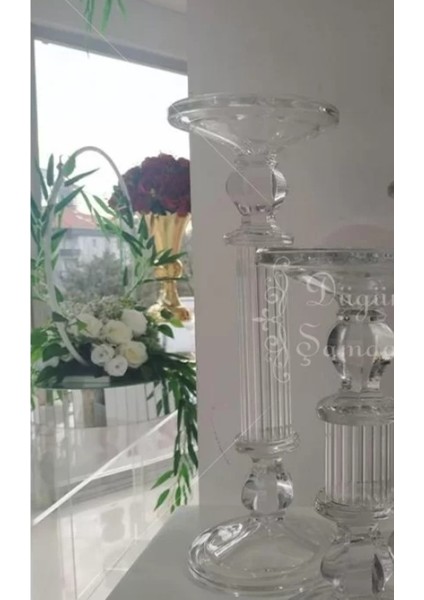 Sedef Mum Aksesuar Cam Şamdan Mumluk Şeffaf Renk Büyük Boy 35X12.5CM Kesme Düğün Masalık 1 Adet