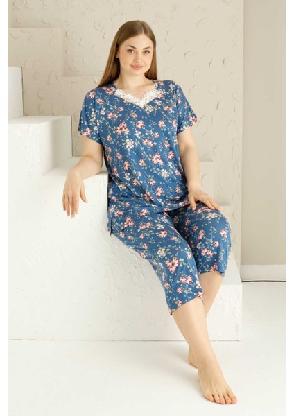 Anne Kalıp Tunik Büyük Beden Kapri-Battal Beden Dantel Detay Kısa Kol Viskon Bermuda Pijama Takımı fiyatları