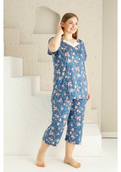 Anne Kalıp Tunik Büyük Beden Kapri-Battal Beden Dantel Detay Kısa Kol Viskon Bermuda Pijama Takımı fırsatları