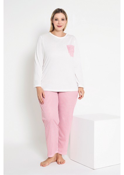Kadın Ekru Renkli Çizgili Uzun Kollu Pijama Takımı B-44