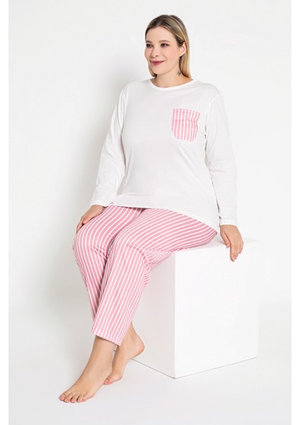 Kadın Ekru Renkli Çizgili Uzun Kollu Pijama Takımı B-44