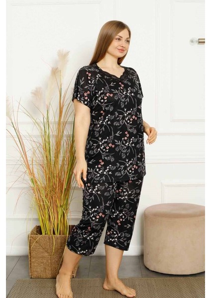 Anne Kalıp Tunik Büyük Beden Kapri-Battal Beden Dantel Detay Kısa Kol Viskon Bermuda Pijama Takımı