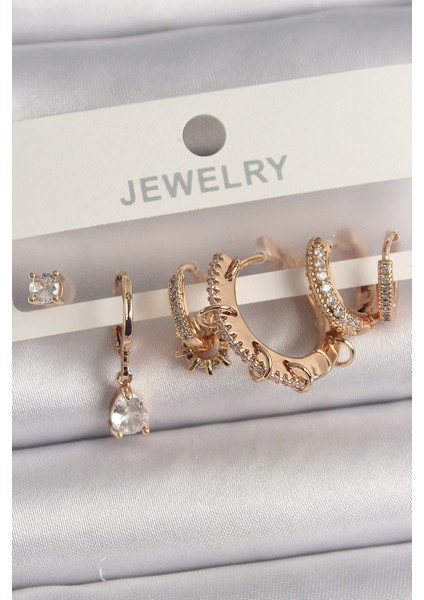 Pirinç Gold Renk Sallantı Zirkon Taşlı Halka Model Damla Zirkon Taş Detay Çoklu Kadın Küpe Seti