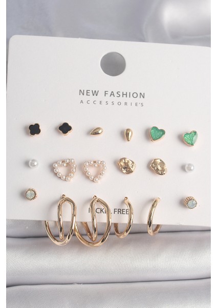 Pirinç Gold Renk Sallantı Zirkon Taşlı Halka Model Damla Zirkon Taş Detay Çoklu Kadın Küpe Seti fiyatları