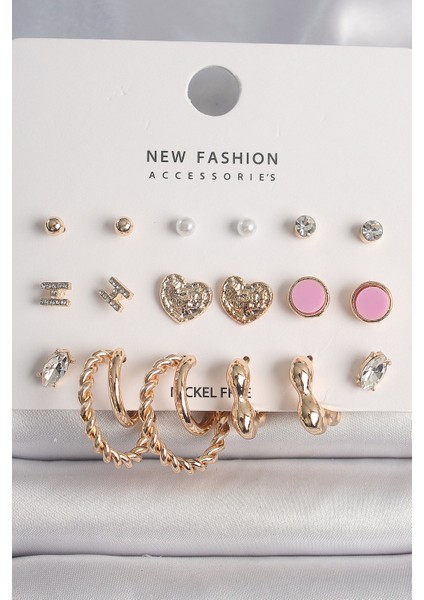 Pirinç Gold Renk Zirkon Taşlı Burug Halka Model Işlemeli Kalp Detay 9 Çift Kadın Küpe Seti