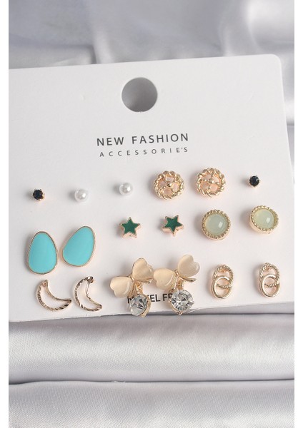 Pirinç Gold Renk Zirkon Taşlı Fiyonk Hilal Figür 9 Çift Kadın Küpe Seti