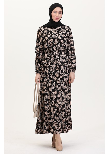 Desenli Kuşaklı Viskon Elbise 0013-01 Siyah Sütlü Kahve