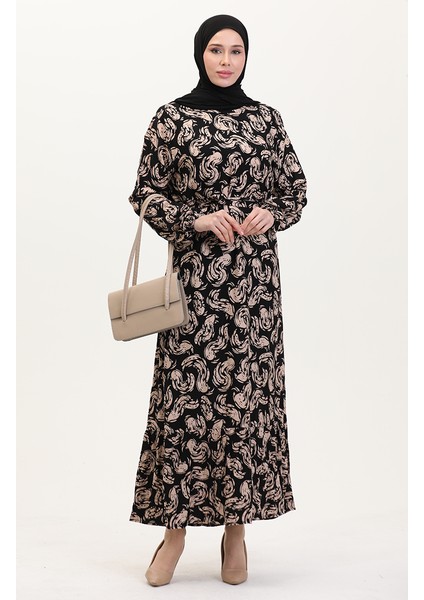 Desenli Kuşaklı Viskon Elbise 0013-01 Siyah Sütlü Kahve fiyatları