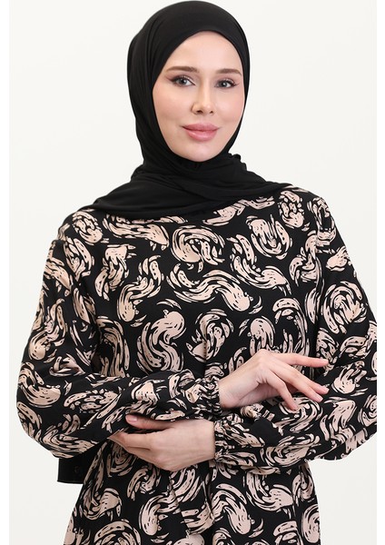 Desenli Kuşaklı Viskon Elbise 0013-01 Siyah Sütlü Kahve modelleri