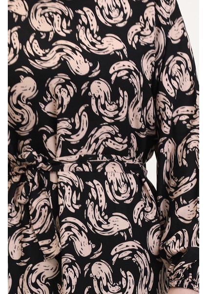 Desenli Kuşaklı Viskon Elbise 0013-01 Siyah Sütlü Kahve fırsatları