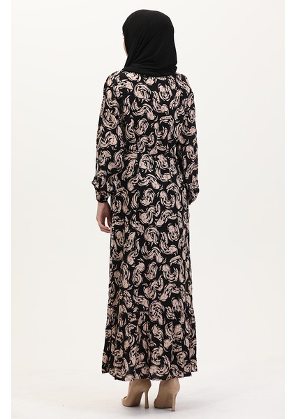 Desenli Kuşaklı Viskon Elbise 0013-01 Siyah Sütlü Kahve indirimleri