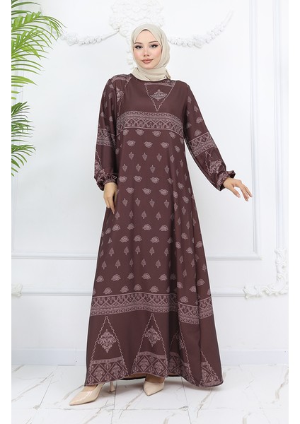 Tuğra Detaylı Desenli Elbise 0039-02 Kahverengi
