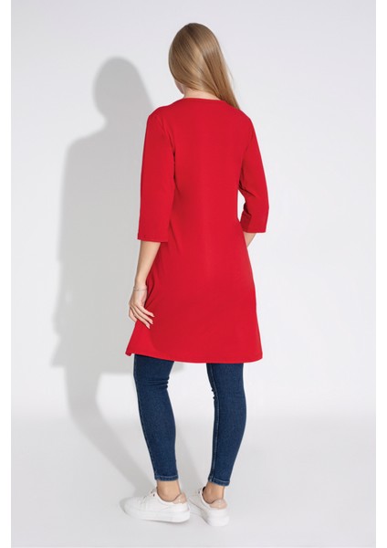 Kadın Kırmızı Renkli Bol Kesim Bisiklet Yaka Truvakar Kol Tunik T-402 modelleri
