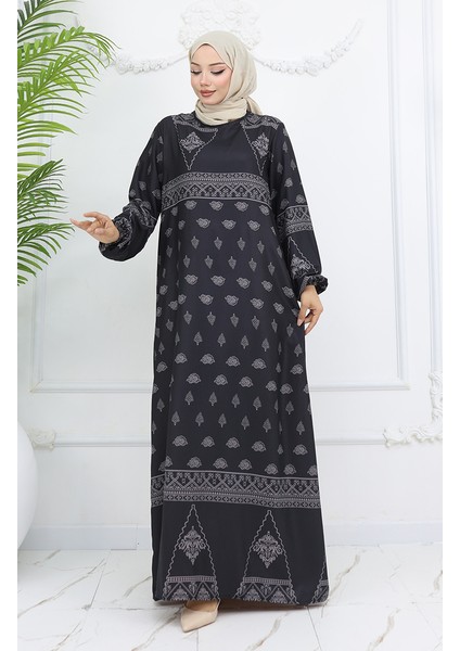 Tuğra Detaylı Desenli Elbise 0039-03 Antrasit