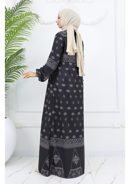 Tuğra Detaylı Desenli Elbise 0039-03 Antrasit indirimleri