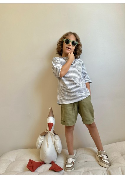 Yigit Butik Gofre Kumaş Mandarin Yaka Erkek Çocuk Şortlu Takım