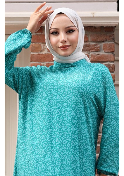 Viskon Kumaş Kolu Lastikli Desenli Elbise 2015-03 Çağla Yeşili modelleri