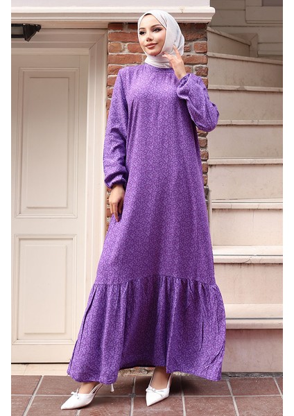 Viskon Kumaş Kolu Lastikli Desenli Elbise 2015-04 Mor
