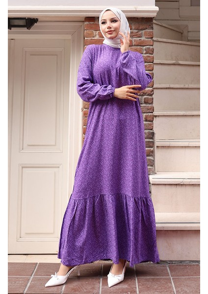 Viskon Kumaş Kolu Lastikli Desenli Elbise 2015-04 Mor fiyatları