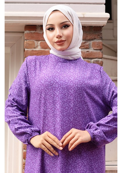 Viskon Kumaş Kolu Lastikli Desenli Elbise 2015-04 Mor modelleri