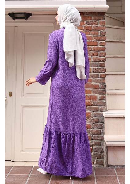 Viskon Kumaş Kolu Lastikli Desenli Elbise 2015-04 Mor indirimleri