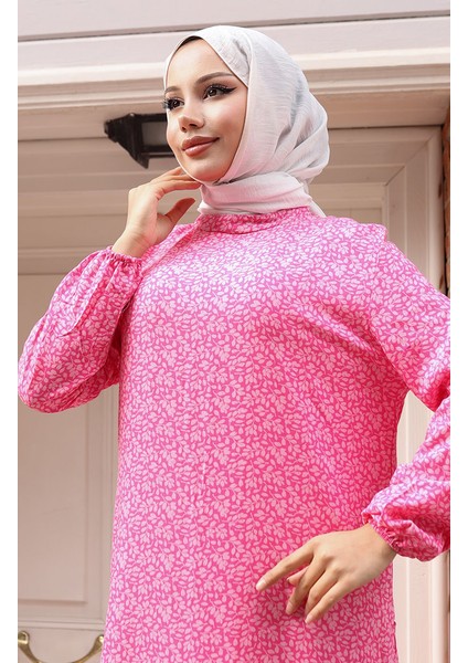 Viskon Kumaş Kolu Lastikli Desenli Elbise 2015-05 Pembe