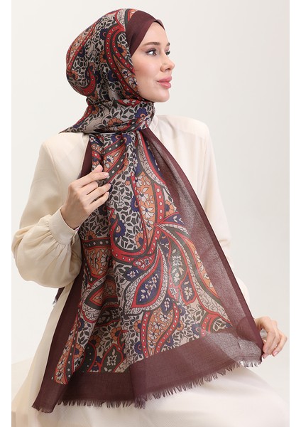 Desenli Koton Şal 90185-06 Kahverengi Haki