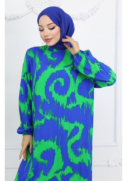 Viskon Kumaş Desenli Elbise 2019-01 Saks Yeşil