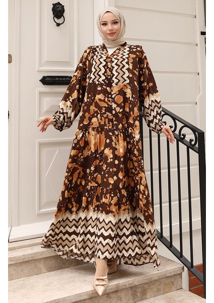 Alaçatı Desenli Yarım Düğmeli Viskon Elbise 0041-04 Kahverengi