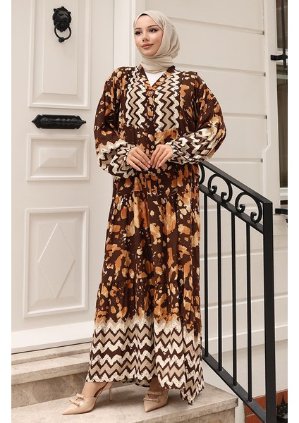 Alaçatı Desenli Yarım Düğmeli Viskon Elbise 0041-04 Kahverengi fiyatları