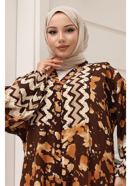 Alaçatı Desenli Yarım Düğmeli Viskon Elbise 0041-04 Kahverengi modelleri