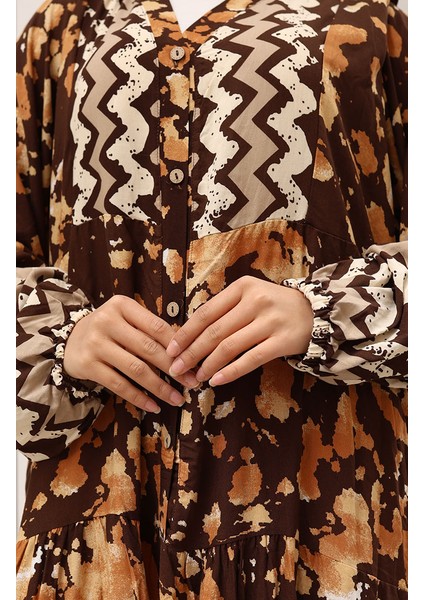 Alaçatı Desenli Yarım Düğmeli Viskon Elbise 0041-04 Kahverengi fırsatları