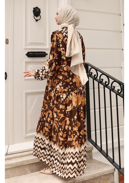 Alaçatı Desenli Yarım Düğmeli Viskon Elbise 0041-04 Kahverengi indirimleri