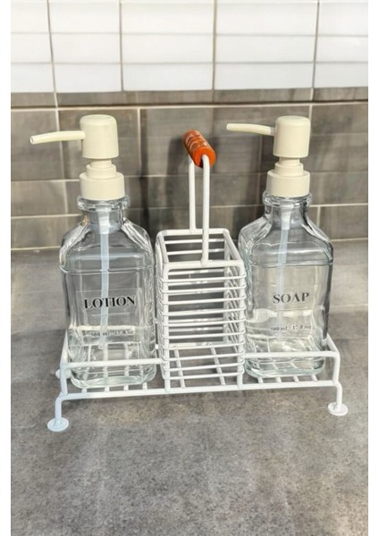 Kulplu Standlı 2'li Cam Sabunluk Seti Metal Bej