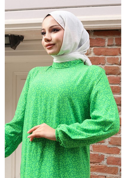 Viskon Kumaş Kolu Lastikli Desenli Elbise 2015-01 Yeşil modelleri