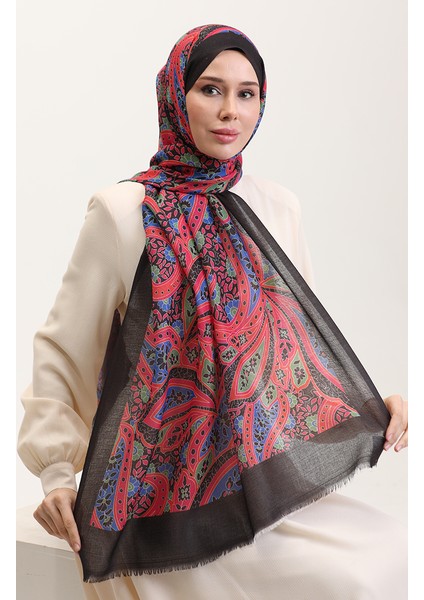 Desenli Koton Şal 90185-05 Siyah Saks