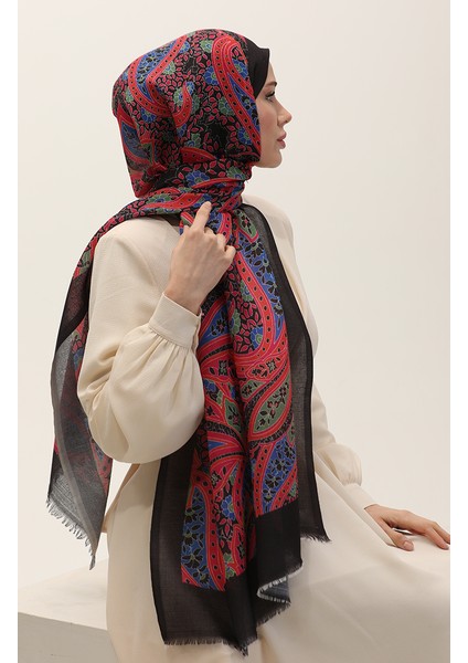 Desenli Koton Şal 90185-05 Siyah Saks modelleri