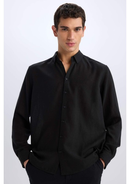 Regular Fit Polo Yaka Keten Görünümlü Uzun Kollu Siyah Gömlek E1204AX25SM
