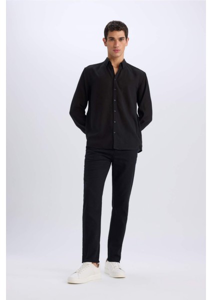 Regular Fit Polo Yaka Keten Görünümlü Uzun Kollu Siyah Gömlek E1204AX25SM