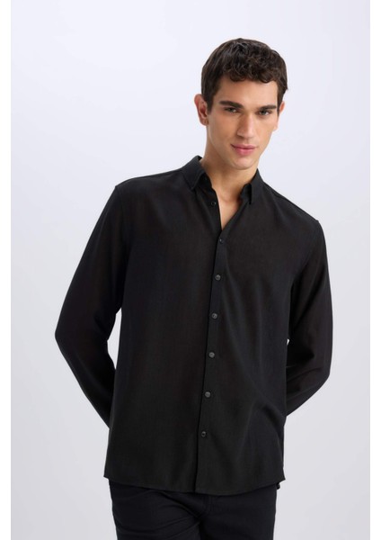Regular Fit Polo Yaka Keten Görünümlü Uzun Kollu Siyah Gömlek E1204AX25SM