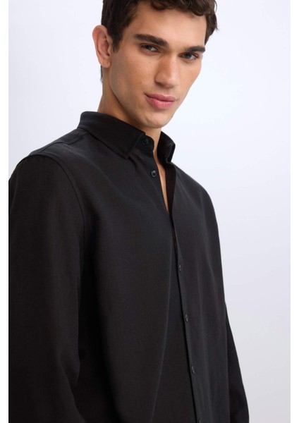Regular Fit Polo Yaka Keten Görünümlü Uzun Kollu Siyah Gömlek E1204AX25SM